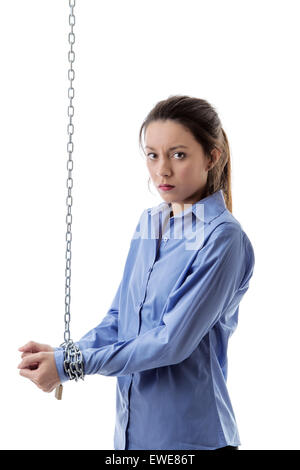 business woman chained up unable to get away Stock Photo