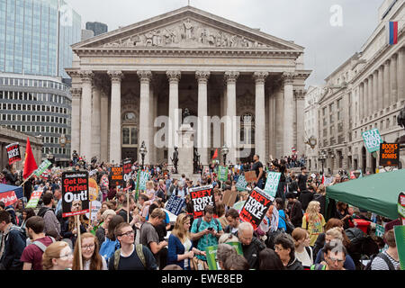 Anti austerity march in London City, June 2015, outside the Bank of England. Stock Photo