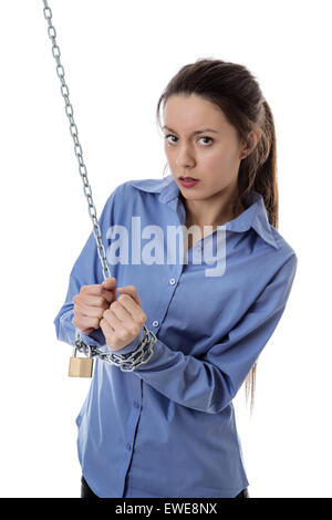 business woman chained up unable to get away Stock Photo