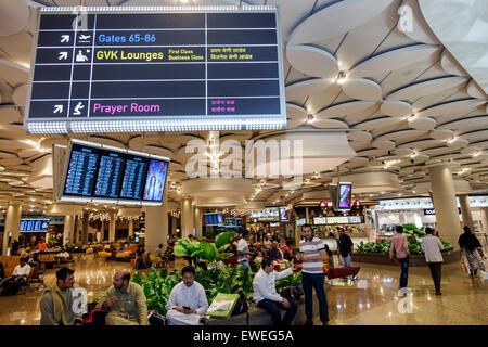 Mumbai India,Chhatrapati Shivaji International Airport,terminal,gate,interior inside,sign,information,Hindi English,India150303098 Stock Photo