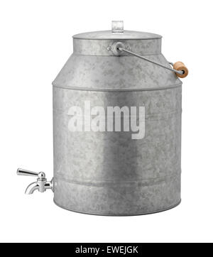 Antique Galvanized Water Cooler with a wood handle, and a chrome spigot. Stock Photo