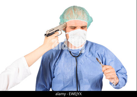 Surgeon under threat of death, asking to be recover isolated on white background Stock Photo