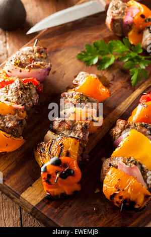 Homemade Grilled Steak and Veggie Shish Kebabs on a Skewer Stock Photo