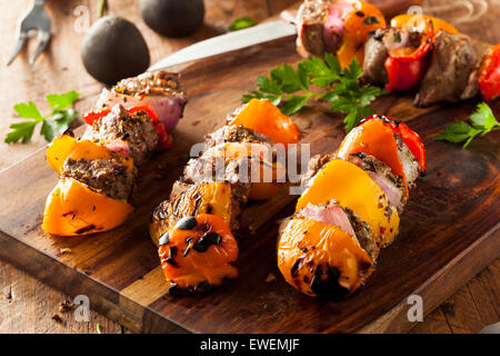 Homemade Grilled Steak and Veggie Shish Kebabs on a Skewer Stock Photo