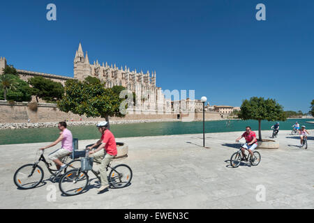 Palma Mallorca cycling tour group of cyclists riding near Palma Cathedral in Parc de la Mar Palma historic center Mallorca Spain EU Stock Photo