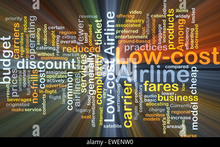 Background concept wordcloud illustration of low-cost airline glowing light Stock Photo