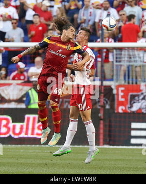 Harrison, New Jersey, USA. 24th June, 2015. Real Salt Lake forward Devon Sandoval (49) heads the ball during the MLS game between the New York Red Bulls and Real Salt Lake at Red Bull Arena in Harrison, NJ. Credit:  csm/Alamy Live News Stock Photo