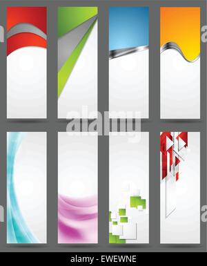 Abstract bright corporate vertical banners. Vector illustration with waves, metal elements and tech geometric shapes. Web design Stock Vector