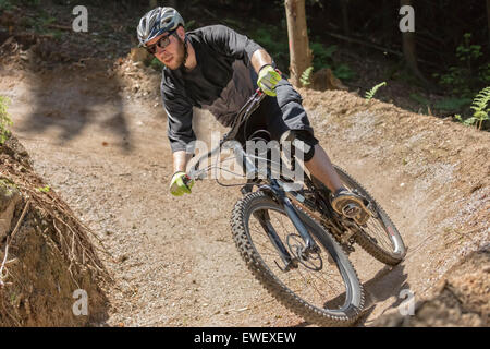 Mountain bike rider rides through a gravity slope of an artificial dirt track. The scene is held in earthy colors. Stock Photo