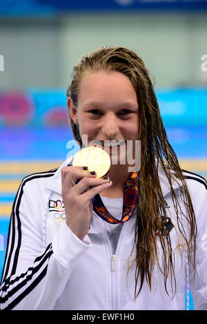 Baku, Azerbaijan. 25th June, 2015. Julia Mrozinski of Germany displays her gold medal during the awarding ceremony for the women's 200m butterfly final at the European Games in Baku, Azerbaijan, June 24, 2015. Mrozinski claimed the title of the event. © Xinhua/Alamy Live News Stock Photo