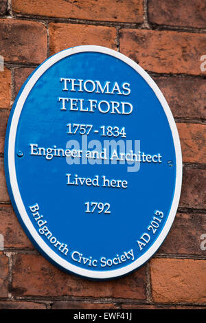 UK, England, Shropshire, Bridgnorth, East Castle Street, Thomas Telford Blue Plaque on house wall Stock Photo