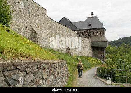 Altena. May-26-2015.  Tourist walks along Castle Altena from 1122 in Altena. Germany Stock Photo