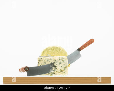 danish blue cheese slice with professional knife Stock Photo