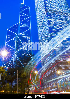 Traffic light trails in Hong Kongs business district. Stock Photo