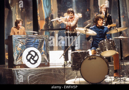 TRAFFIC UK rock group on Top of the Pops in November 1967. From left: Steve Winwood, Chris Wood, Jim Capaldi, Dave Mason Stock Photo