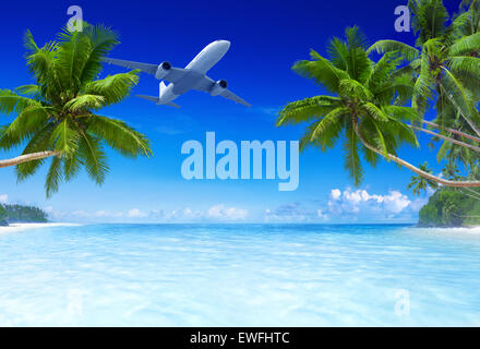 Airplane flying over tropical beach. Stock Photo