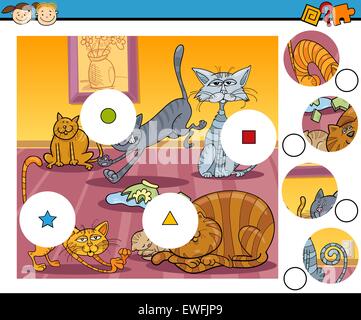 Cartoon Illustration of Match the Pieces Educational Game for Preschool Children with Cats Characters Stock Vector