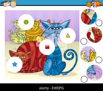 Cartoon Illustration of Match the Pieces Educational Game for Preschool Children with Colorful Cats Fantasy Characters Stock Vector