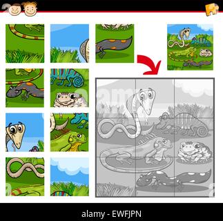 Cartoon Illustration of Education Jigsaw Puzzle Game for Preschool Children with Reptiles and Amphibians Animals Characters Grou Stock Vector