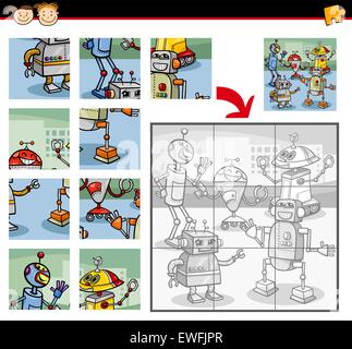 Cartoon Illustration of Education Jigsaw Puzzle Game for Preschool Children with Robots Characters Group Stock Vector