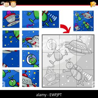 Cartoon Illustration of Education Jigsaw Puzzle Game for Preschool Children with Aliens Characters in Space Stock Vector