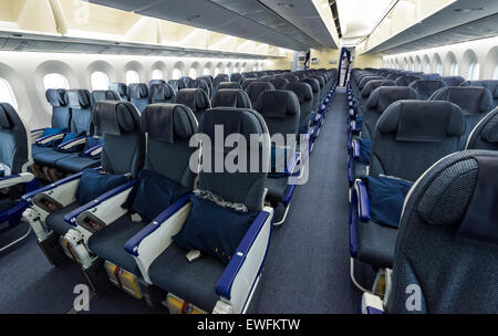 Economy Class seats inside a Boeing 787-9 Dreamliner of the airline ANA Stock Photo