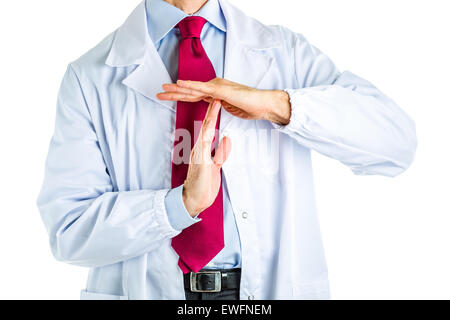 Caucasian male doctor dressed in white coat, blue shirt and red tie is making time out gesture Stock Photo