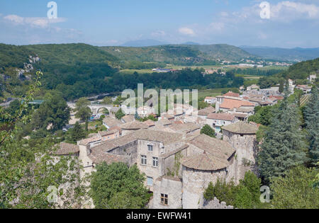 The medieval town of Vogue over the River Ardeche in France Stock Photo