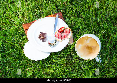 drunk cappuccino and sweet dessert on grass background Stock Photo