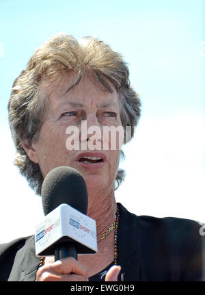 Virgina Wade, former British no 1 tennis player and Wimbledon Singles Champion working for TV at the Aegon International tennis tournament, Eastbourne, UK. 25th June, 2015. Stock Photo