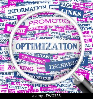 OPTIMIZATION. Word cloud illustration. Tag cloud concept collage. Stock Vector