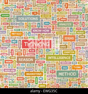 THINKING. Seamless pattern. Concept related words in tag cloud. Conceptual info-text graphic. Word collage. Stock Vector