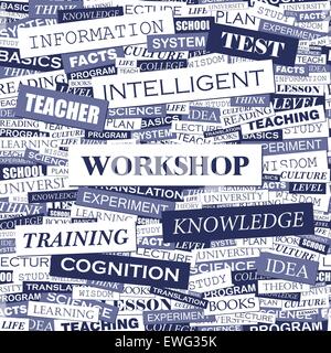 WORKSHOP. Background concept wordcloud illustration. Print concept word cloud. Graphic collage. Stock Vector