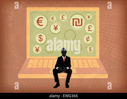 Businessman sitting on laptop screen showing global currency symbols Stock Photo
