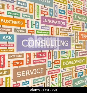 CONSULTING. Concept related words in tag cloud. Conceptual info-text graphic. Word collage. Stock Vector