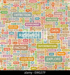 RESEARCH. Seamless pattern. Concept related words in tag cloud. Conceptual info-text graphic. Word collage. Stock Vector