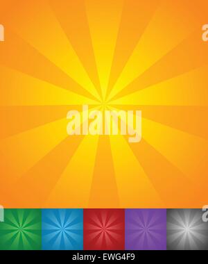 Radiating lines sun, star burst backgrounds. Set of 6 colors, yellow-orange, green, blue, red, purple and black backgrounds. Stock Vector