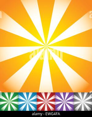 Radiating lines sun, star burst backgrounds. Set of 6 colors, yellow-orange, green, blue, red, purple and black backgrounds. Stock Vector