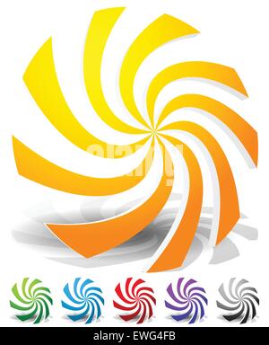 Set of colorful abstract elements. Whirling, swirling, rotating shapes. Set of 6 colors, yellow-orange, blue, red, purple and gr Stock Vector