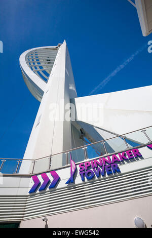 Workman working on Portsmouth Spinnaker Tower in Portsmouth, Hampshire UK for the rebranding with new sponsor Emirates in June Stock Photo