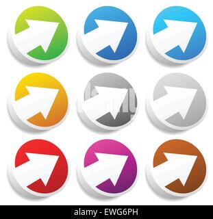 Diagonal arrow buttons, icons. Arrows pointing right and up with set 9 colors including blue, teal (aqua), red, gray, yellow, pu Stock Vector