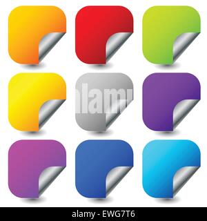 Peeling square stickers with metallic back side. Set of 9 colors. Blank stickers. Stock Vector