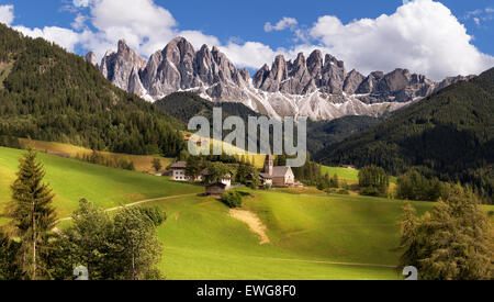 Panorama of Geisler (Odle) Dolomites Group, Val di Funes, Italy, Europe Stock Photo