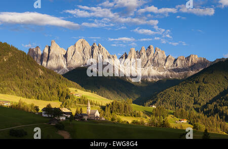 Panorama of Geisler (Odle) Dolomites Group, Val di Funes, Italy, Europe Stock Photo