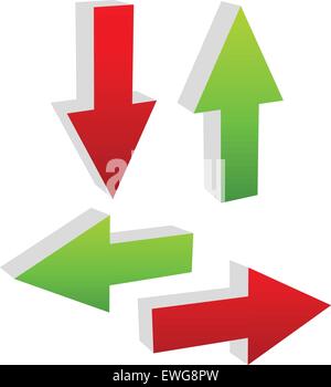 3d green and red arrows pointing to different directions. Up, down, left and right arrows vector illustration Stock Vector