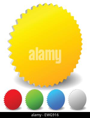 3d starburst shaped badge icons in 4 colors, yellow, red, green, blue and gray. Stock Vector