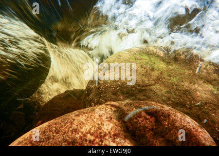 Under surface of a fast flowing river, full of air bubbles, oxygenating the water. Cumbria, UK Stock Photo