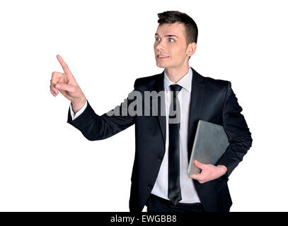 Business man pressing imaginary button Stock Photo