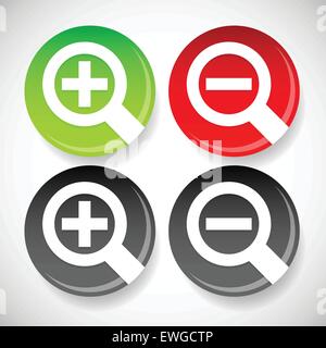 Circle zoom in, zoom out icons with magnifier glass symbols Stock Vector