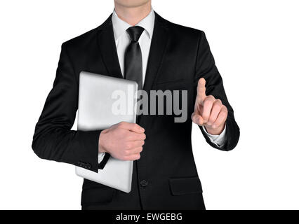 Isolated business man press something Stock Photo